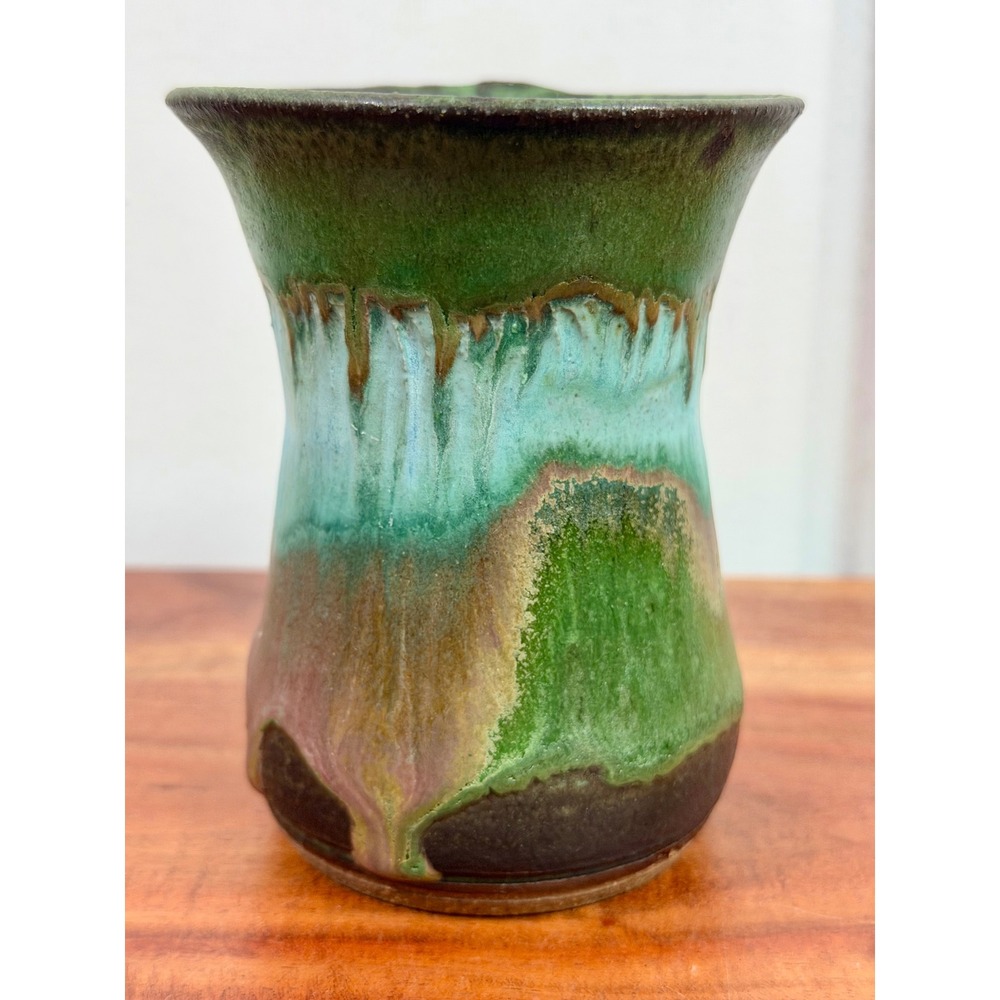 Studio Pottery Mug Green Turquoise Drip Glaze Hand Thrown Signed Stoneware - Picture 2 of 11